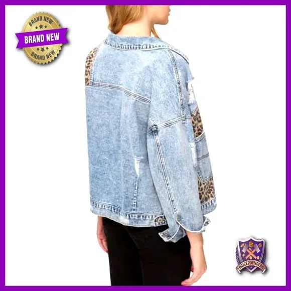 Leopard Print Denim Jacket Distressed Oversized Y2K Chic Casual Wear